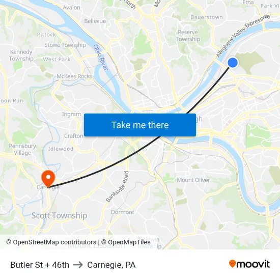 Butler St + 46th to Carnegie, PA map