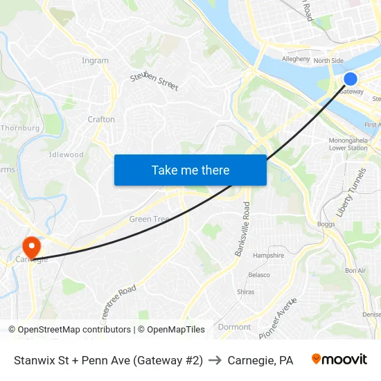 Stanwix St + Penn Ave (Gateway #2) to Carnegie, PA map