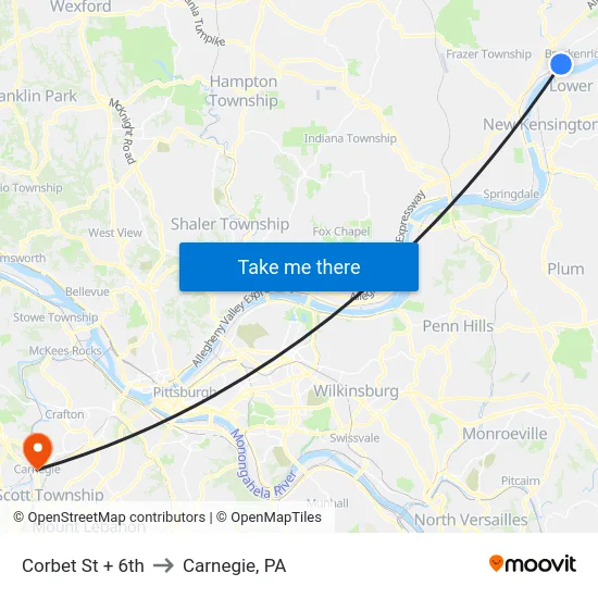 Corbet St + 6th to Carnegie, PA map