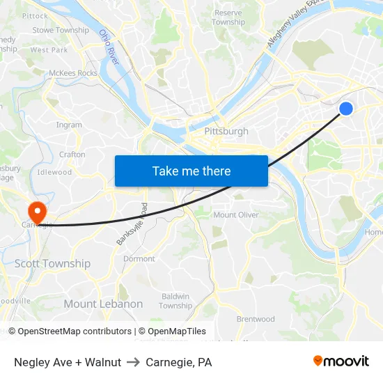 Negley Ave + Walnut to Carnegie, PA map
