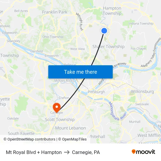 Mt Royal Blvd + Hampton to Carnegie, PA map