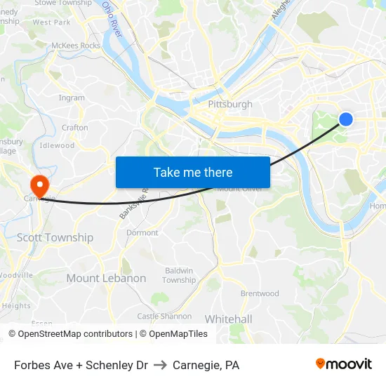 Forbes Ave + Schenley Dr to Carnegie, PA map