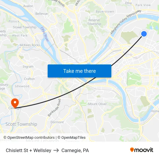 Chislett St + Wellsley to Carnegie, PA map
