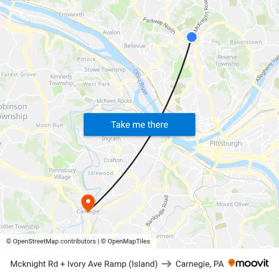 Mcknight Rd + Ivory Ave Ramp (Island) to Carnegie, PA map