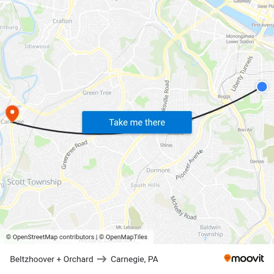 Beltzhoover + Orchard to Carnegie, PA map
