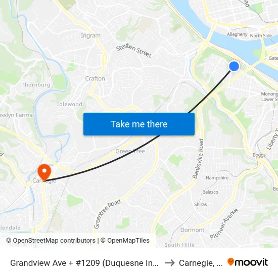 Grandview Ave + #1209 (Duquesne Incline) to Carnegie, PA map