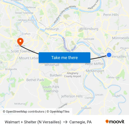 Walmart + Shelter (N Versailles) to Carnegie, PA map