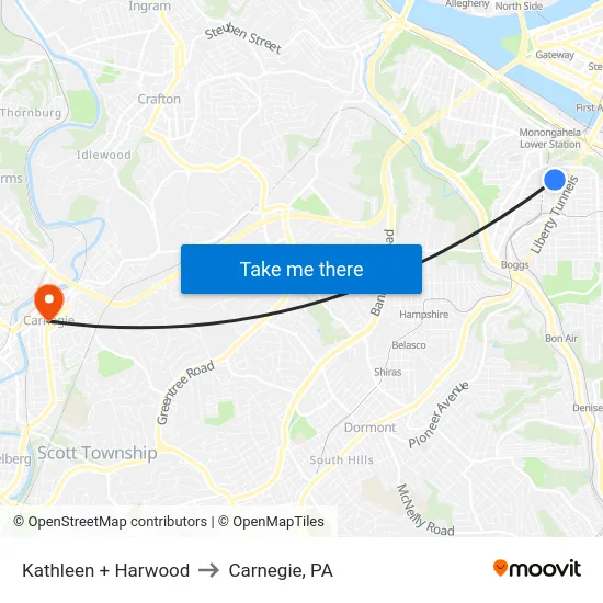 Kathleen + Harwood to Carnegie, PA map