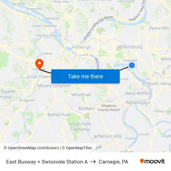 East Busway + Swissvale Station A to Carnegie, PA map