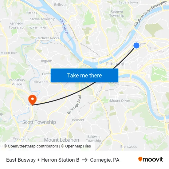 East Busway + Herron Station B to Carnegie, PA map