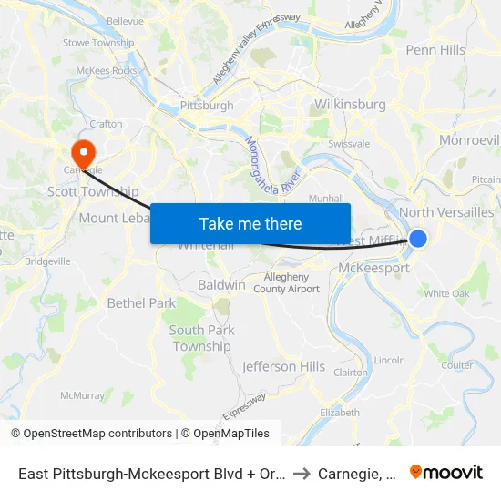 East Pittsburgh-Mckeesport Blvd + Orris to Carnegie, PA map