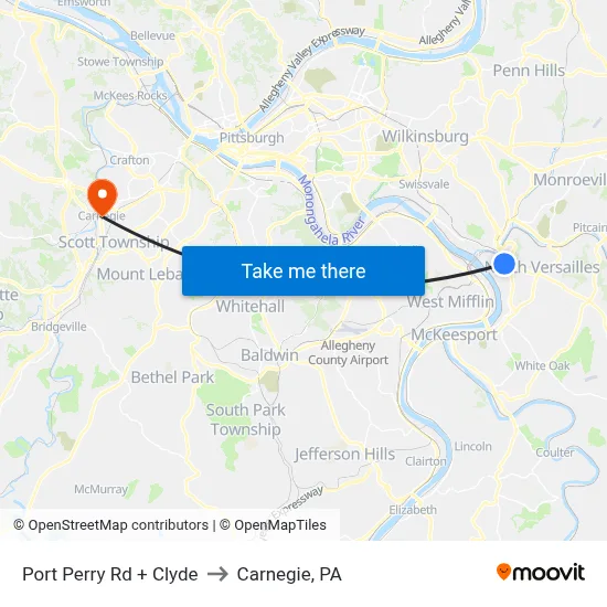 Port Perry Rd + Clyde to Carnegie, PA map