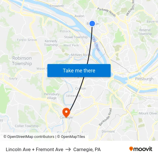 Lincoln Ave + Fremont Ave to Carnegie, PA map