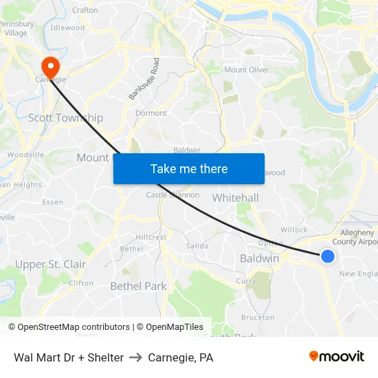 Wal Mart Dr + Shelter to Carnegie, PA map