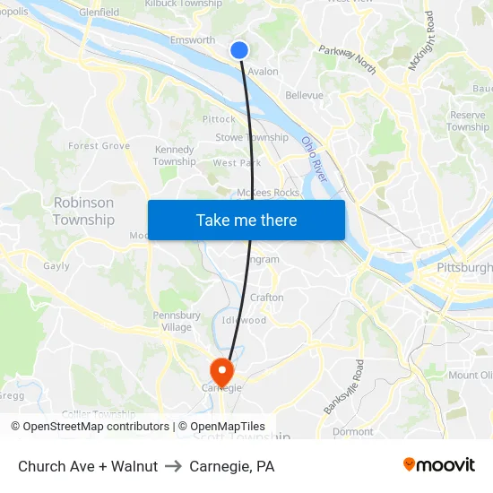 Church Ave + Walnut to Carnegie, PA map