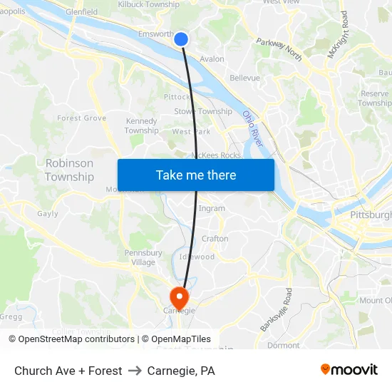 Church Ave + Forest to Carnegie, PA map