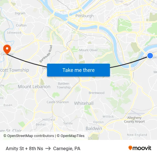 Amity St + 8th Ns to Carnegie, PA map
