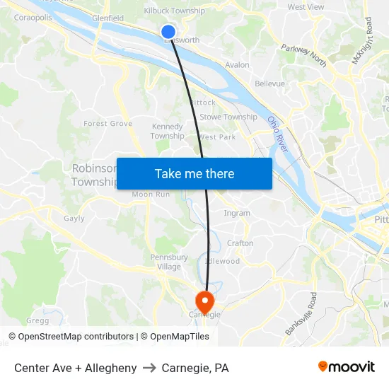 Center Ave + Allegheny to Carnegie, PA map