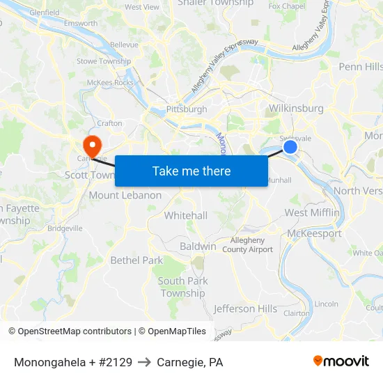 Monongahela + #2129 to Carnegie, PA map