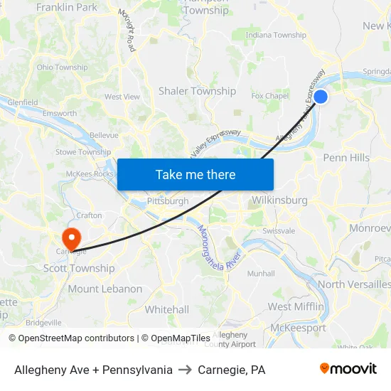 Allegheny Ave + Pennsylvania to Carnegie, PA map