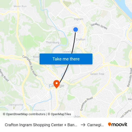 Crafton Ingram Shopping Center + Bank (Citizens) to Carnegie, PA map