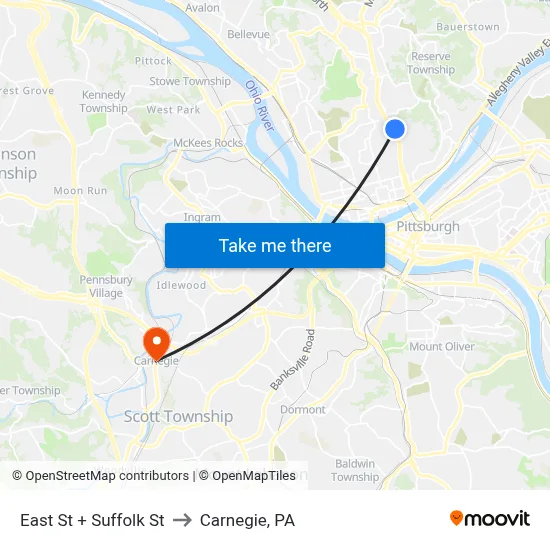 East St + Suffolk St to Carnegie, PA map