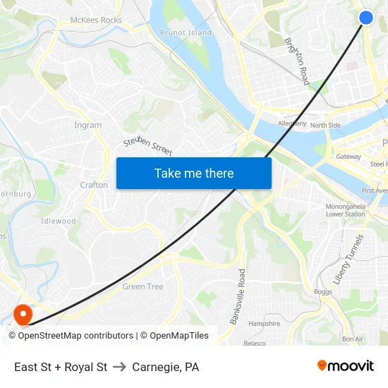 East St + Royal St to Carnegie, PA map