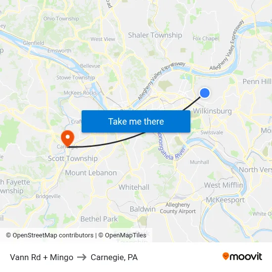 Vann Rd + Mingo to Carnegie, PA map