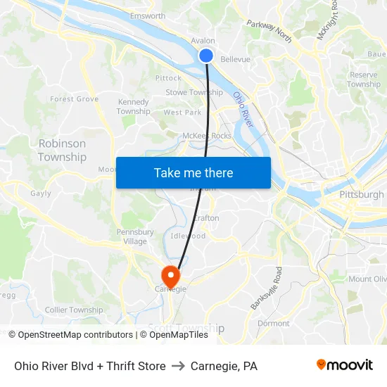 Ohio River Blvd + Thrift Store to Carnegie, PA map