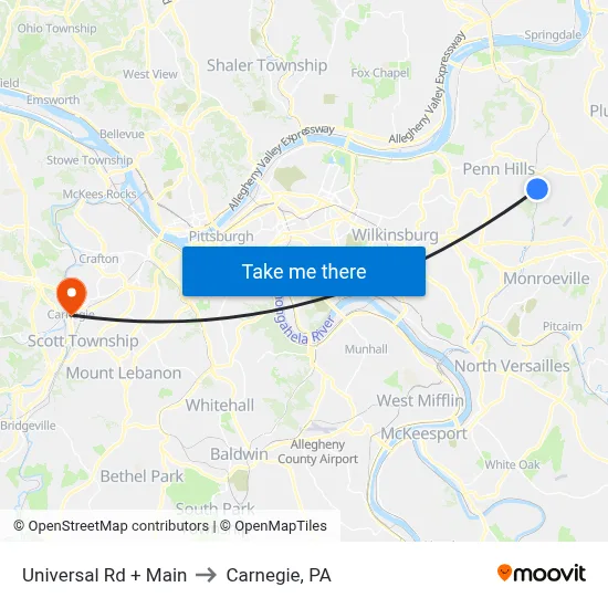 Universal Rd + Main to Carnegie, PA map
