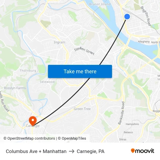 Columbus Ave + Manhattan to Carnegie, PA map