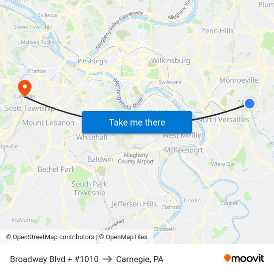 Broadway Blvd + #1010 to Carnegie, PA map