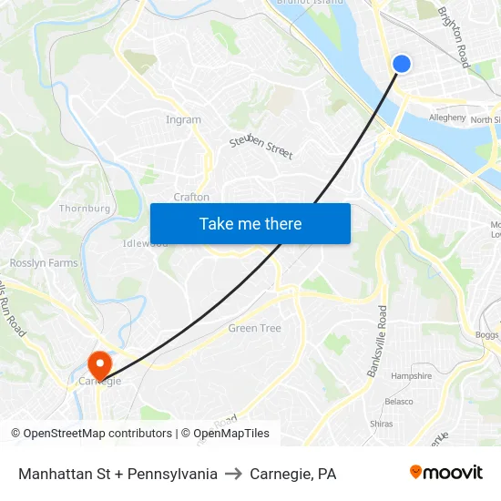 Manhattan St + Pennsylvania to Carnegie, PA map