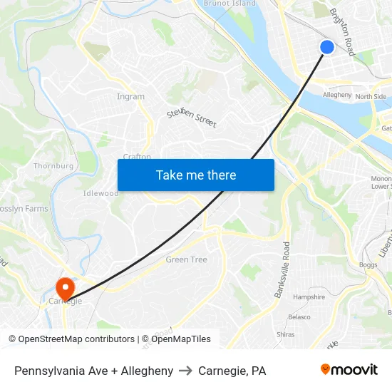 Pennsylvania Ave + Allegheny to Carnegie, PA map