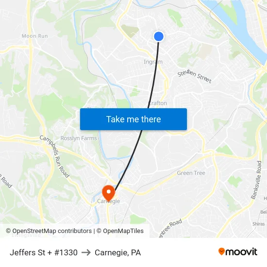 Jeffers St + #1330 to Carnegie, PA map
