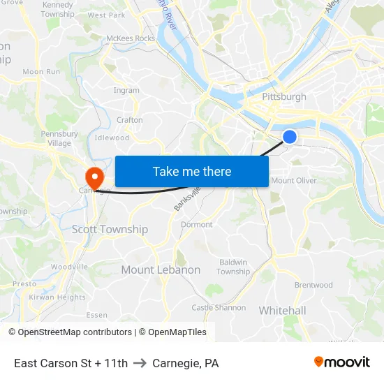 East Carson St + 11th to Carnegie, PA map