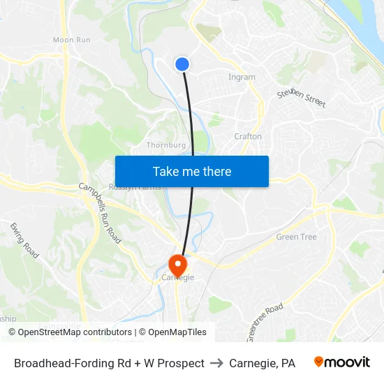 Broadhead-Fording Rd + W Prospect to Carnegie, PA map