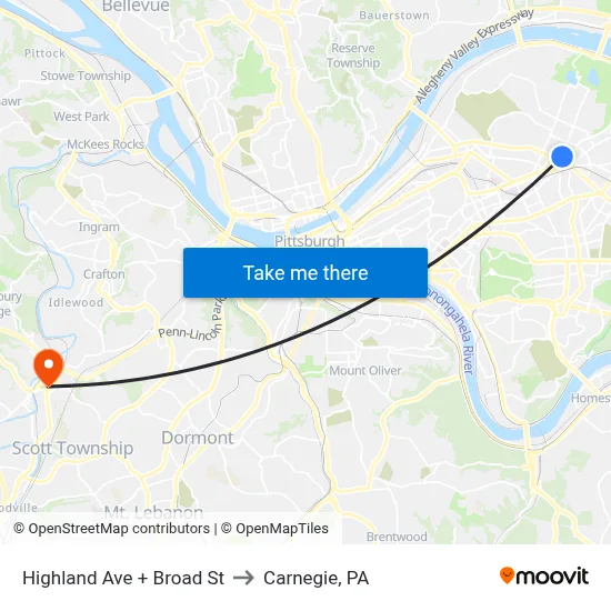 Highland Ave + Broad St to Carnegie, PA map