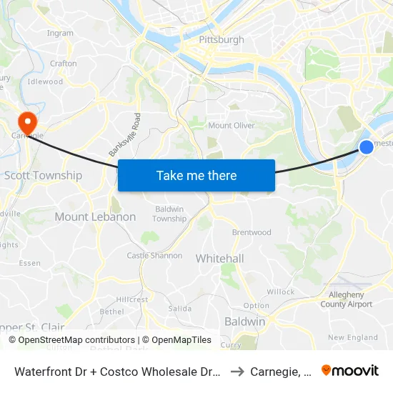 Waterfront Dr + Costco Wholesale Drvwy to Carnegie, PA map