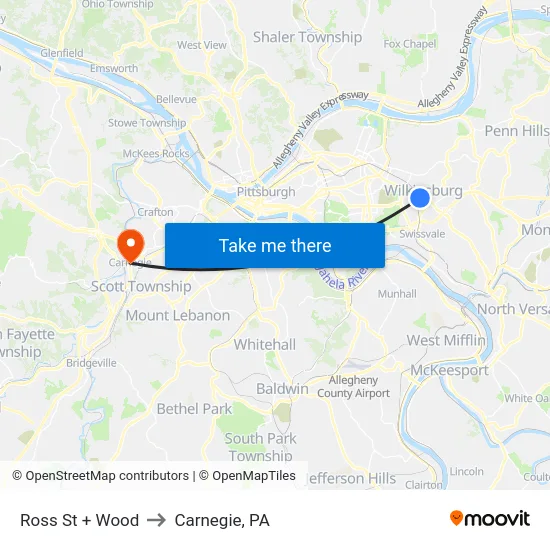 Ross St + Wood to Carnegie, PA map
