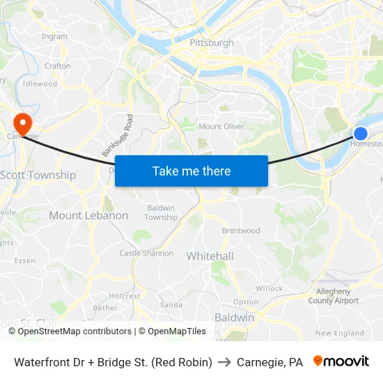 Waterfront Dr + Bridge St. (Red Robin) to Carnegie, PA map