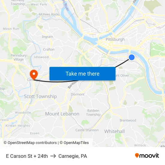 E Carson St + 24th to Carnegie, PA map