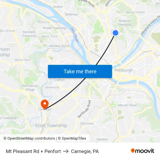 Mt Pleasant Rd + Penfort to Carnegie, PA map
