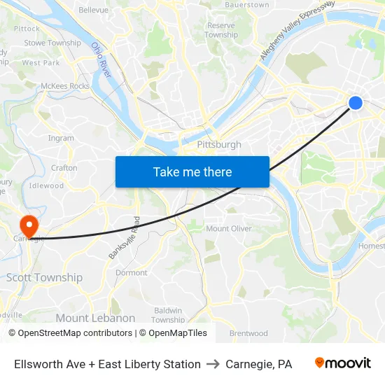 Ellsworth Ave + East Liberty Station to Carnegie, PA map