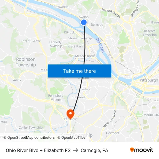 Ohio River Blvd + Elizabeth FS to Carnegie, PA map