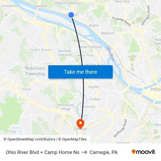 Ohio River Blvd + Camp Horne Ns to Carnegie, PA map