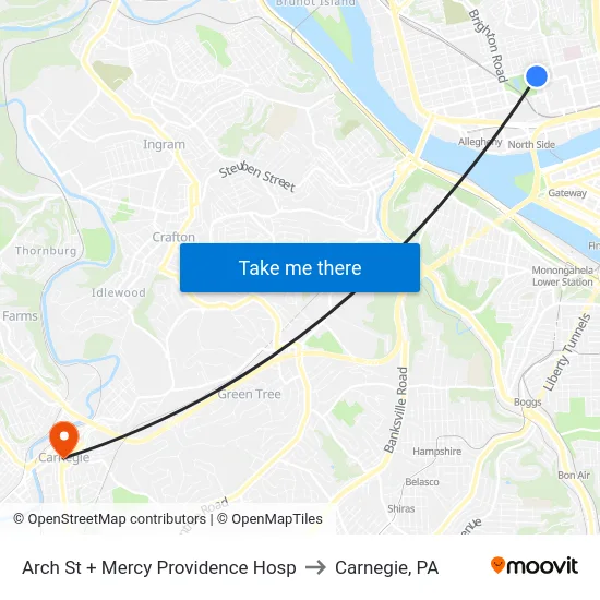 Arch St + Mercy Providence Hosp to Carnegie, PA map