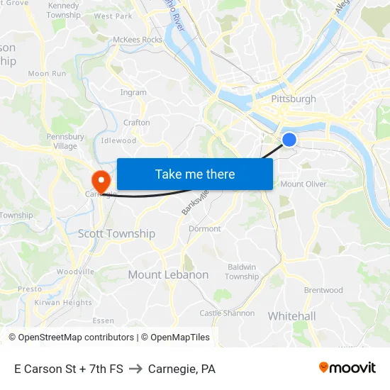 E Carson St + 7th FS to Carnegie, PA map