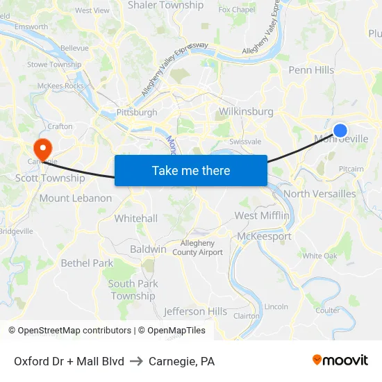 Oxford Dr + Mall Blvd to Carnegie, PA map