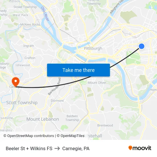 Beeler St + Wilkins FS to Carnegie, PA map